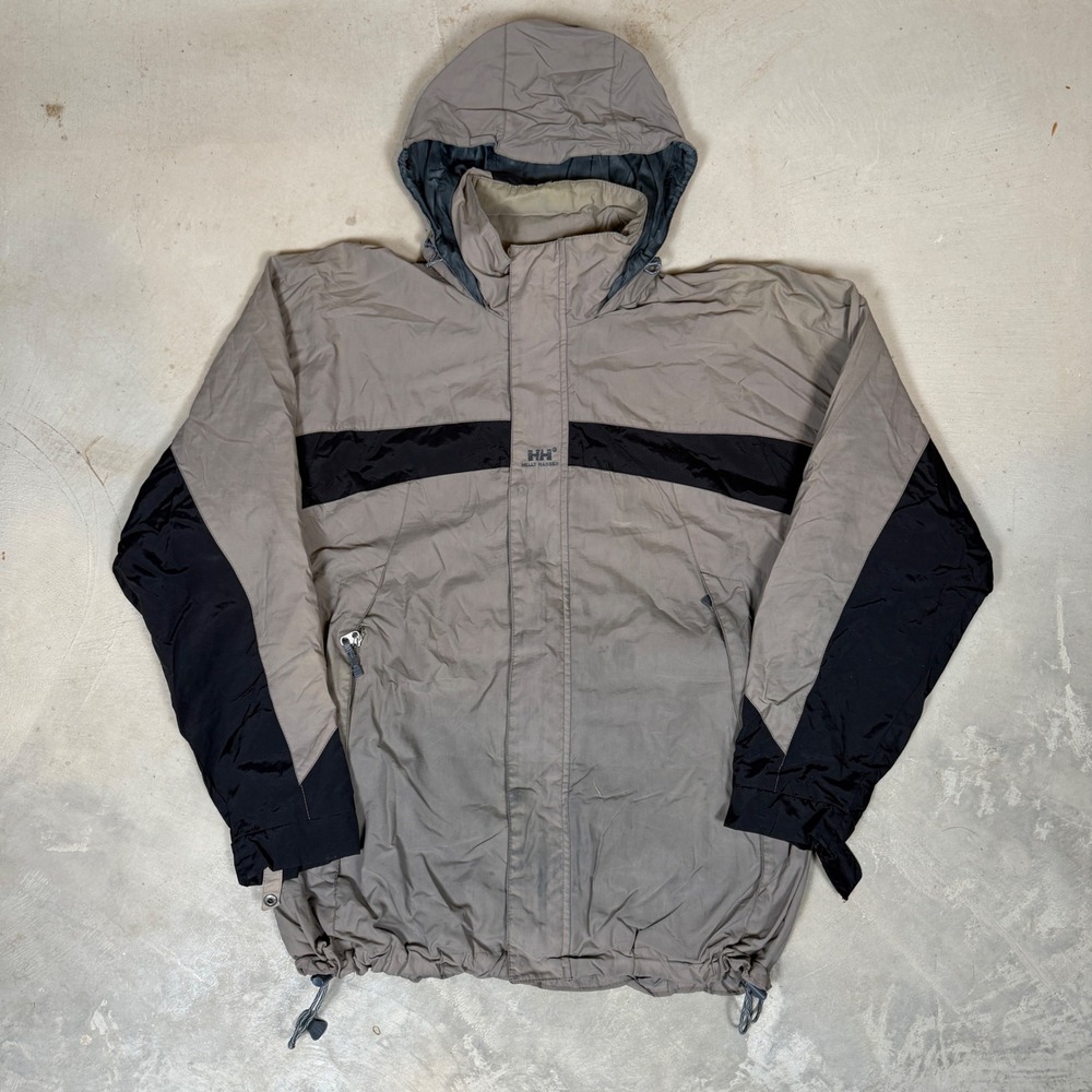 Helly Hansen Mens Vintage Technical Rain Jacket Gray Black Hooded Size Small